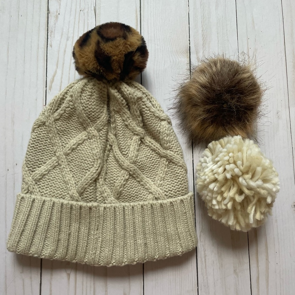 Tan Neutral Beanie With Interchangeable Hat Toppe… - image 5